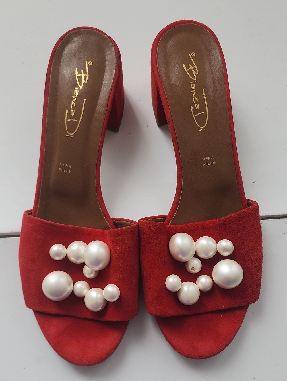 Red Suede Pearl-Accent Block Heel Mules